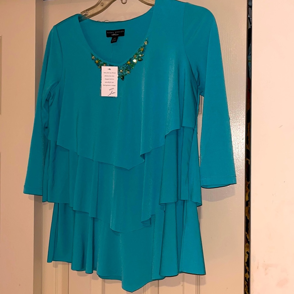 Susan Graver New/Shopping Tags Attached Seafoam Green Multi-Tier Blouse Size XXS